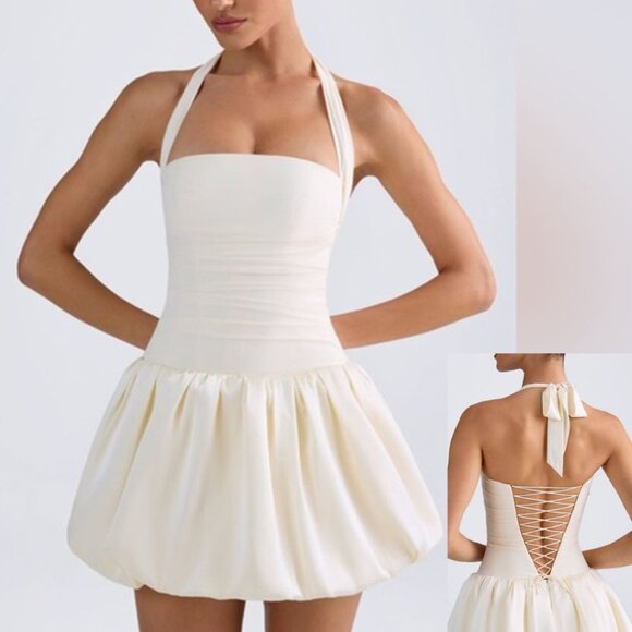 Oh Polly Dresses & Skirts - Oh Polly Ludmila Mini Dress Ivory Halterneck Lace-Up Bubble Hem Corset 10 NEW